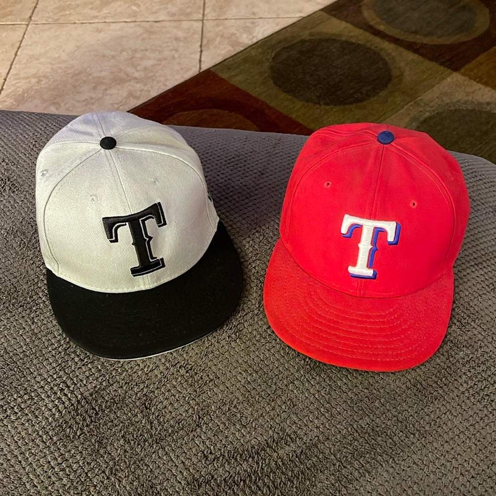 2 Texas Rangers baseball caps (never worn, but no tags)